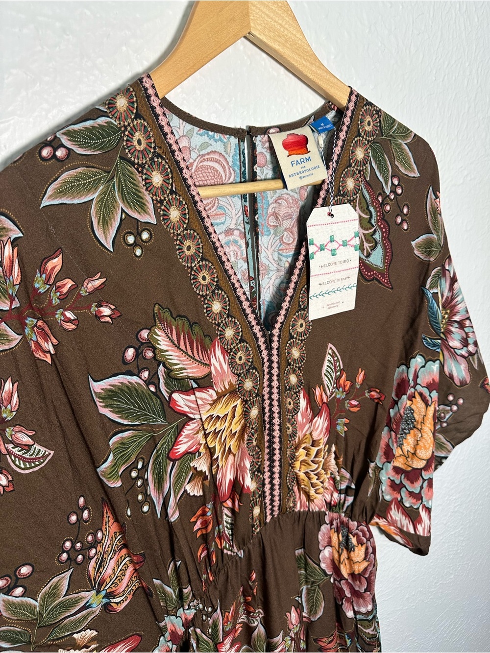 Farm Rio Valentina Floral Midi Dress Medium NWT Brown Boho Tropical Dress - Picture 4 of 8